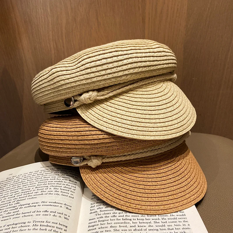 Women Short Brim Newsboy Cap Summer Breathable Woven Beret Straw Hats Beach Sun Hat Outdoor Casual Female Solid Octagonal Cap