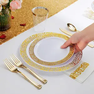 Image 5 - أطباق بلاستيكية يمكن التخلص منها ذهبية دانتيل تصميم أطباق بلاستيكية لحفلات الزفاف ، أطباق دانتيل ذهبية سلطة/أطباق حلويات 25pack