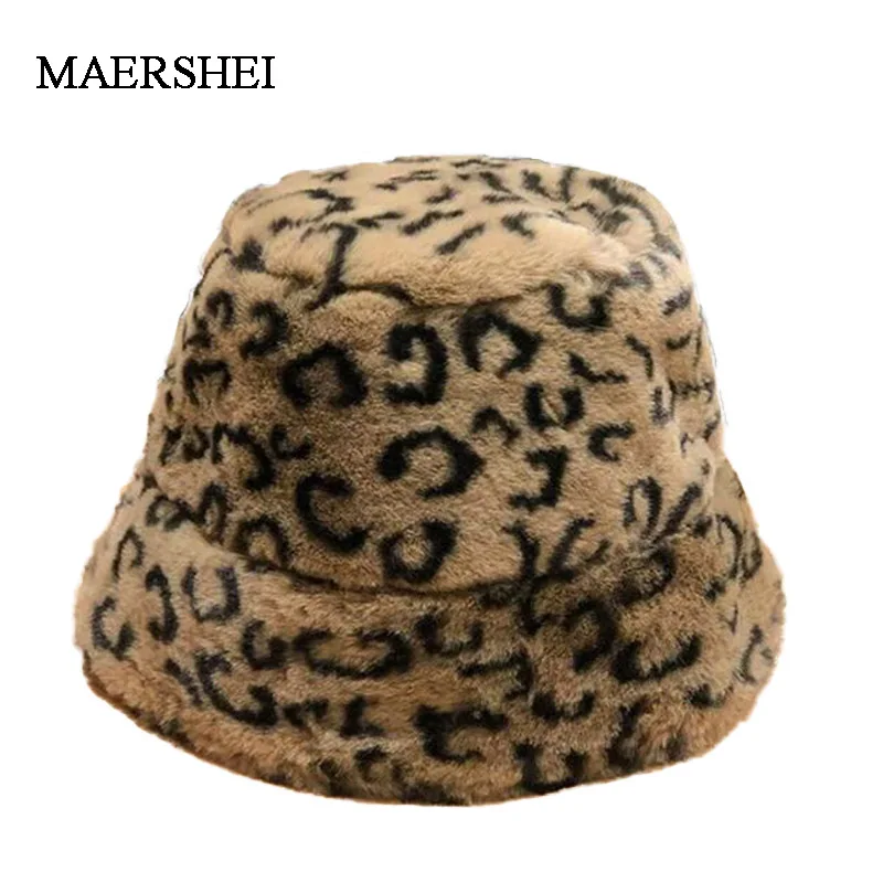 

Thick Warm Winter Bucket Hats for Women 2019 Faux Fur Fishing Caps Leopard Outdoor Plush Fluffy Fisherman Hat Lady Panama Casual