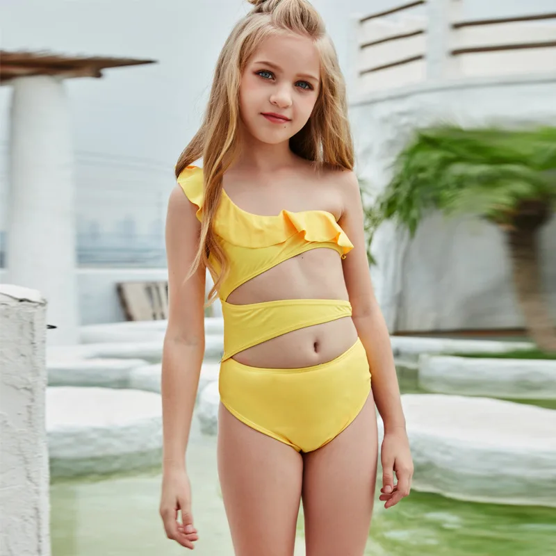

New Swimsuit Girl Swimwear Yellow Solid Hollow Out Ruffle Bikinis Child Sets Beachwear Suit