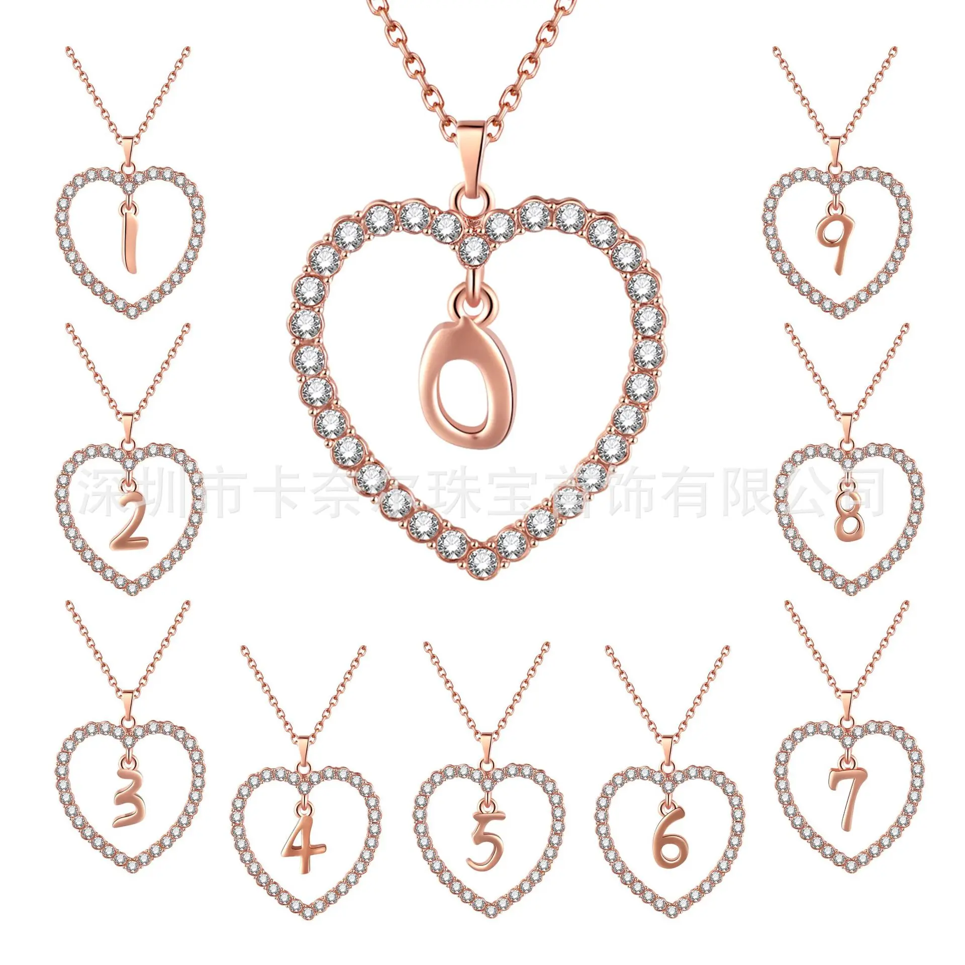 

AliExpress Wish Hot Sales Lucky with Numbers Necklace 0-9 Zircon Heart Necklace Jewelry Heart Pendant Factory