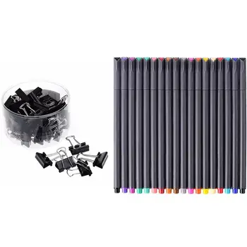 

48 pcs 25mm Black Metal Binder Clips File Paper Clip & 1set Diary Book Pen Color Pen Fine Head Pen Fine Head Drawing Pen