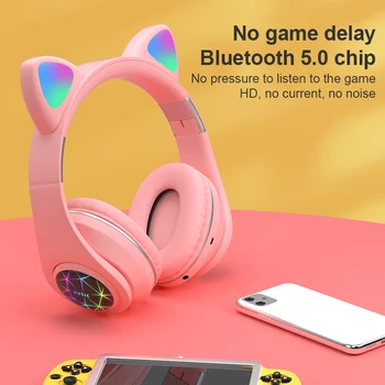 

M2 Cat Ear Luminous Head-mounted Wireless Bluetooth Headset with Microphone Hands-free Support TF Card AUX Play