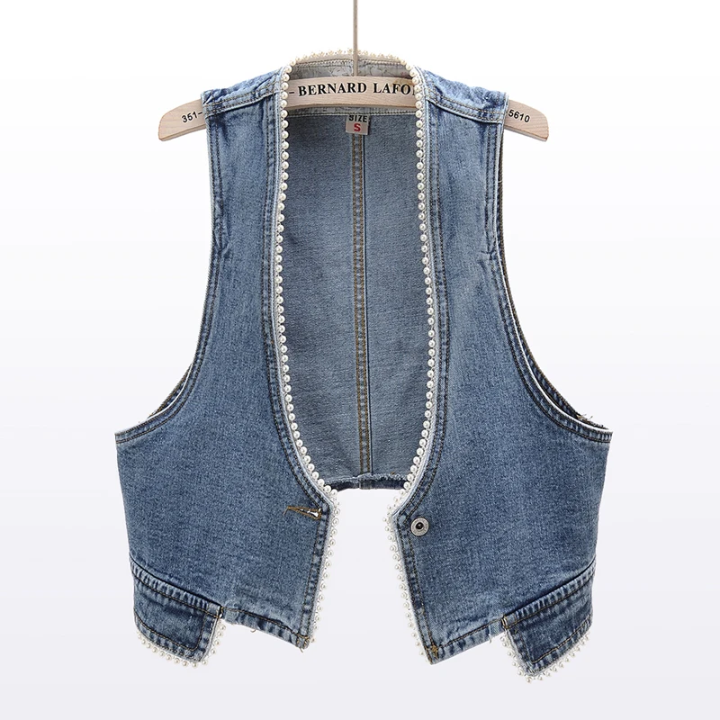 

Spring Korean Beading V-Neck Denim Vest Women Casual Waistcoat Casual Loose Short Vintage Jeans Vests Sleeveless Jacket Female