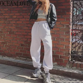 

OCEANLOVE Korean White Casual Pants Women 2020 Streetwear Ins High Waist Sweatpants Student Fashion Spring Pantalon Femme 14039