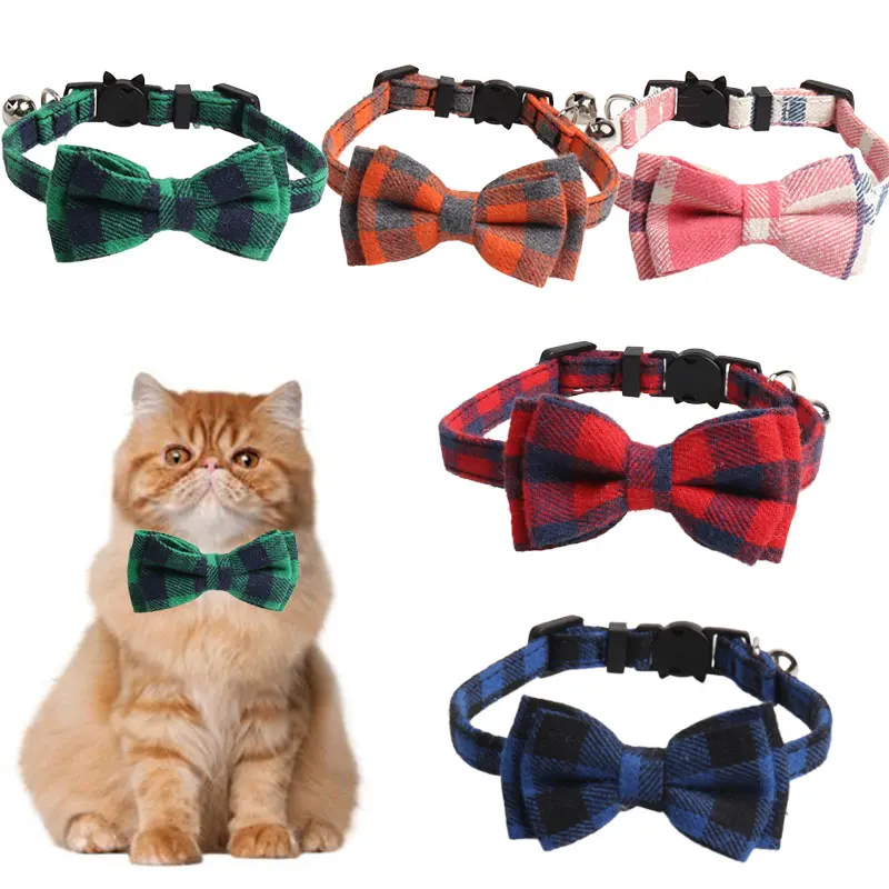 Cat Accessories Colorful Plaid Grid Bowknot Pet Cat Collars Necklace for Chihuahua Bow Tie Puppy Party Cats Collar with Bell