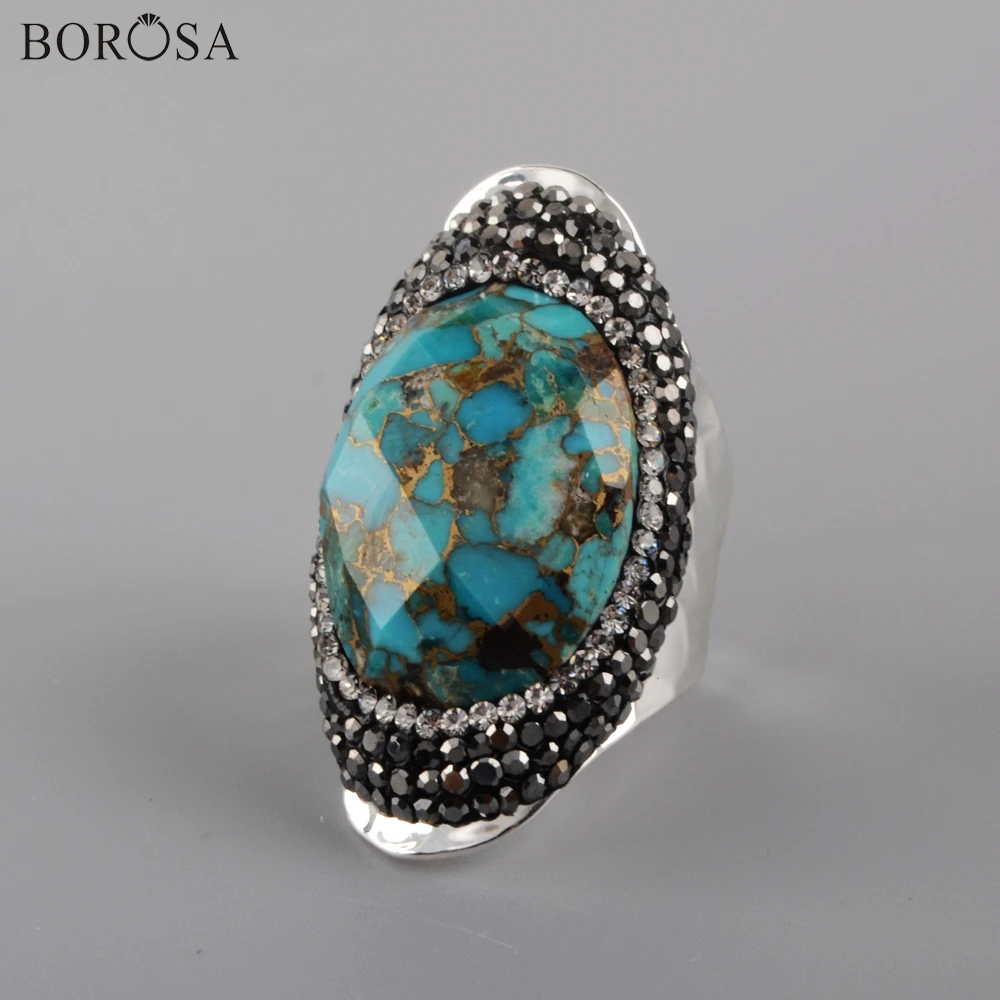 BOROSA, 5 шт., бирюза, лазурит, кристалл, серебряное кольцо, регулируемый кубический цирконий, кольцо, натуральные камни, кольца, ювелирное изделие, AB981-2 - Цвет основного камня: Copper Turquoise