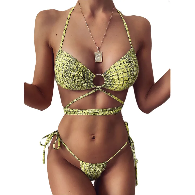 Sexy Serpentine Women Swimsuit Green Python Print Swimwear For Low Waist Padded Female Bikini Set Tankini | Женская одежда