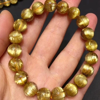 

9.5mm Certificate Natural Brazil Gold Rutilated Quartz Crystal Woman Man Clear Round Beads Bangle Wealthy Bracelet AAAAAA