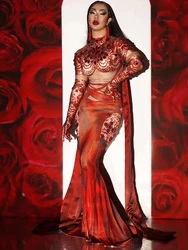 Sparkly Red Crystals Scene Clothes  Opera Drama Stage See-through MermaidFeastival Clothing Women Nightclub Rave Clothes