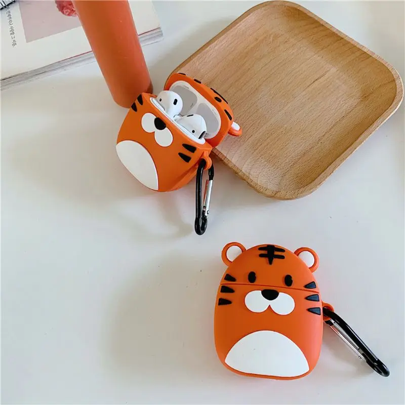 

Silicone Protective Case Tiger Cover Protector with Carabiner for Airpods 1/2
