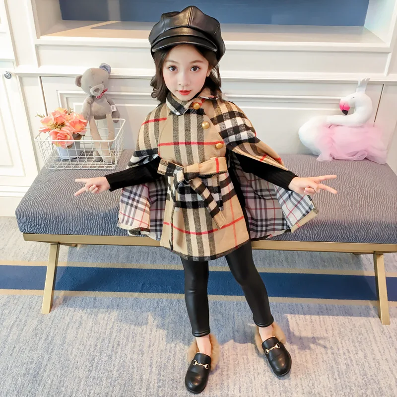 Корейская версия, дизайнерский плащ с короткими рукавами, верхняя одежда пальто в полоску для девочек повседневное клетчатое шерстяное пальто с отложным воротником для детей, ZL268
