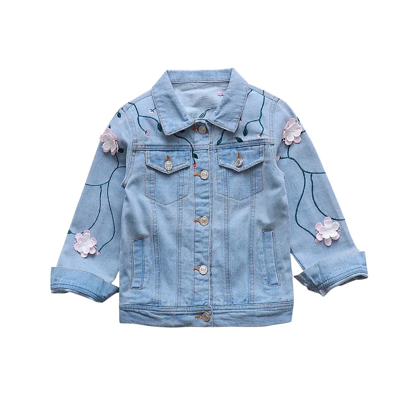 

Kids Denim jacket Clothes Baby Girls Jackets Cool Long Sleeves Turn-down Collar Buttons Coats Applique Pattern Denim Outerwear