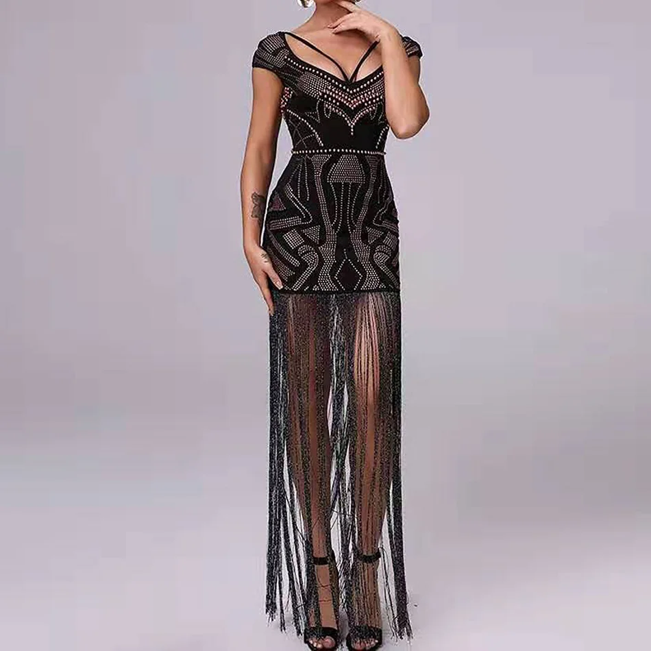 Ailigou Outono Novas Mulheres Borla Frisado Bodycon Vestido сексуальное Бандажное платье с лямкой на шее Manga Curta vestido de festa
