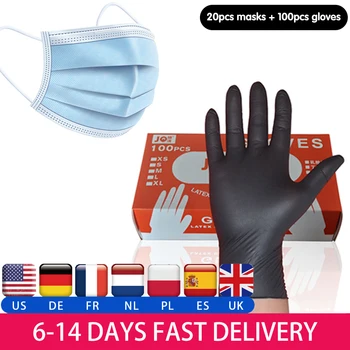 

100pcs Disposable Gloves in a Box Nitrile Medical Gloves Food Grade Black latex Rubber Gloves with 3layer Non-woven Masks