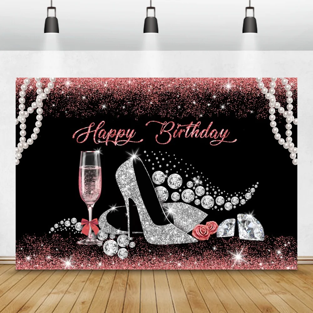 Amazon.com : Sensfun Glitter Rose Gold Birthday Backdrop Sparkle Sequin High  Heels Champagne Glass Photography Background for Adult Women Birthday Party  Decorations Banner Photo Booth Backdrops 7x5ft : Electronics