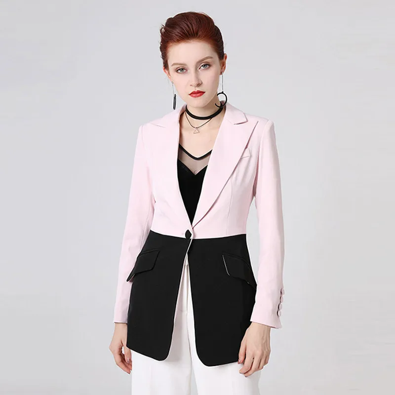 

2019 New Fashion Runway Autumn Office Ladies Coats Notched Full Sleeve Singel Button Patchwork Pockets Long Blazer Outerwear
