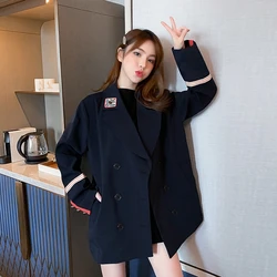 Blazer femme inglaterra estilo retro ins coreano moda solta azul marinho blazer jaqueta feminina duplo breasted blazer manga comprida topos