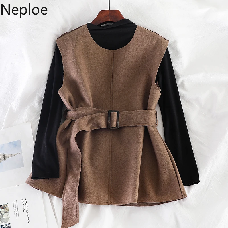 Neploe/Корейская женская Однотонная футболка с высоким воротником и зауженной талией на шнуровке, комплект из 2 предметов для женщин 46743