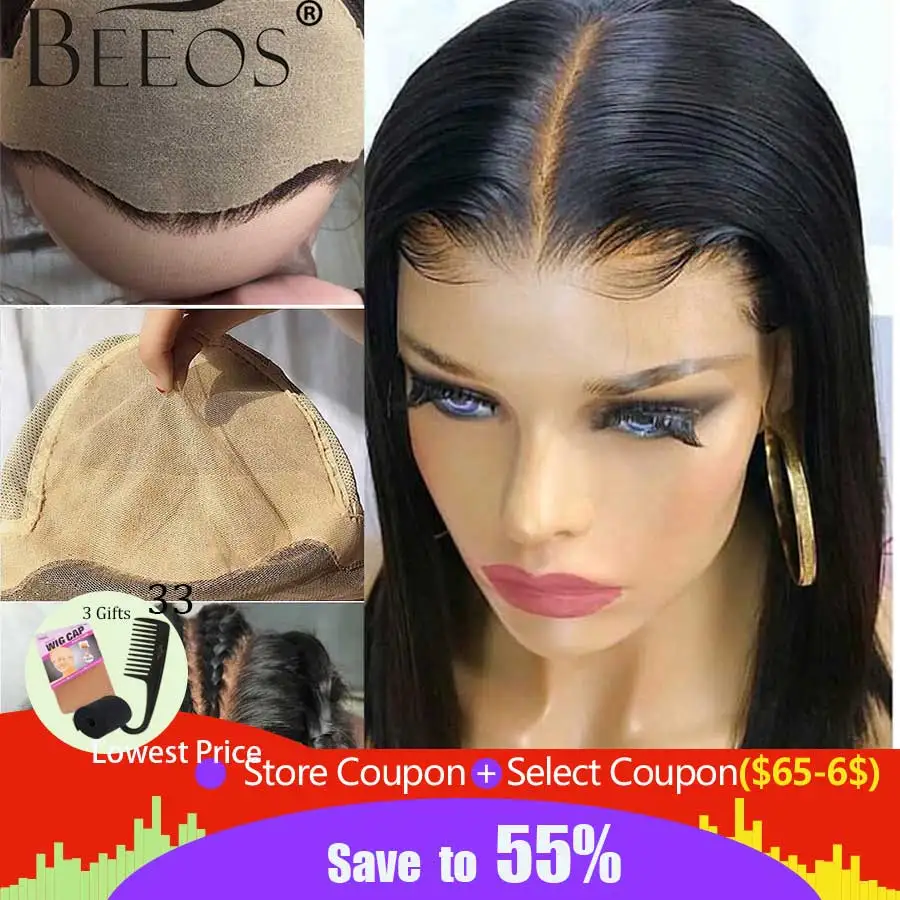 Baratos Peluca de cuero cabelludo falso Beeos 13x6 De encaje frente Invisible nudo peluca recta Bob pelucas Pre desplumado profundo cabello Remy peruano