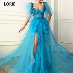 LORIE Blue Evening Dresses Flowers Ruffles Tulle High Slit Dubai Saudi Arabic Long Evening Gowns Prom Dress for Teens Graduation
