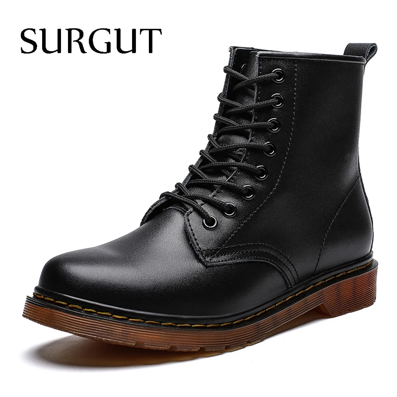 

SURGUT Men Martin Leather Shoes High Top Fashion Winter Warm Snow Shoes Dr. Motorcycle Men Ankle Boots Couple Unisex Doc Boots