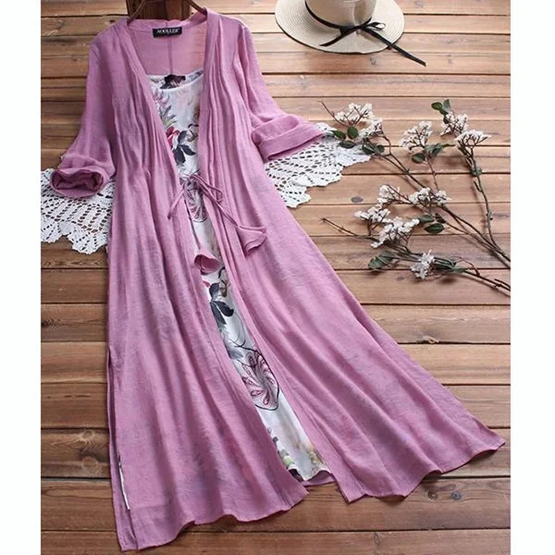 Женский богемный с длинными рукавами льняное Кимоно Кардиган Топы свободное Цветочное платье комплект из 2 предметов - Цвет: Фиолетовый