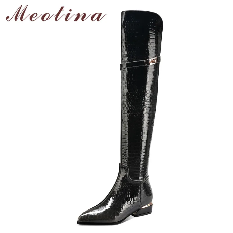 

Meotina Winter Over The Knee Boots Women Patent Leather Thick Heel Thigh High Boots Zipper Pointed Toe Shoes Lady Big Size 33-43