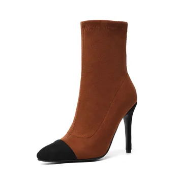 

Classics Flock Mixed Colors Ankle Boots Leisure Cozy Stretch Fabric High Heels Fashion Slip-On Solid Women Shoes Botki Damskie