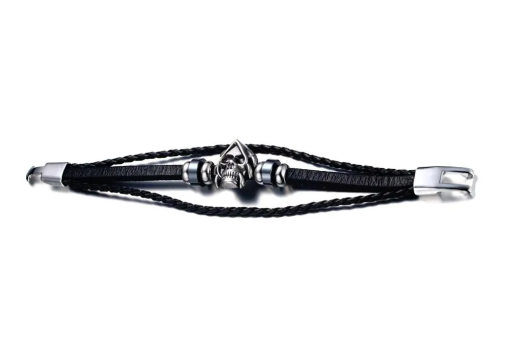 Mens Bracelets Braided Faux Leather & Skull Beaded Bracelet In Black Alloy Wristband Cuff Bangle Men Vintage Jewelry Accessories Pulseira Masculina 111