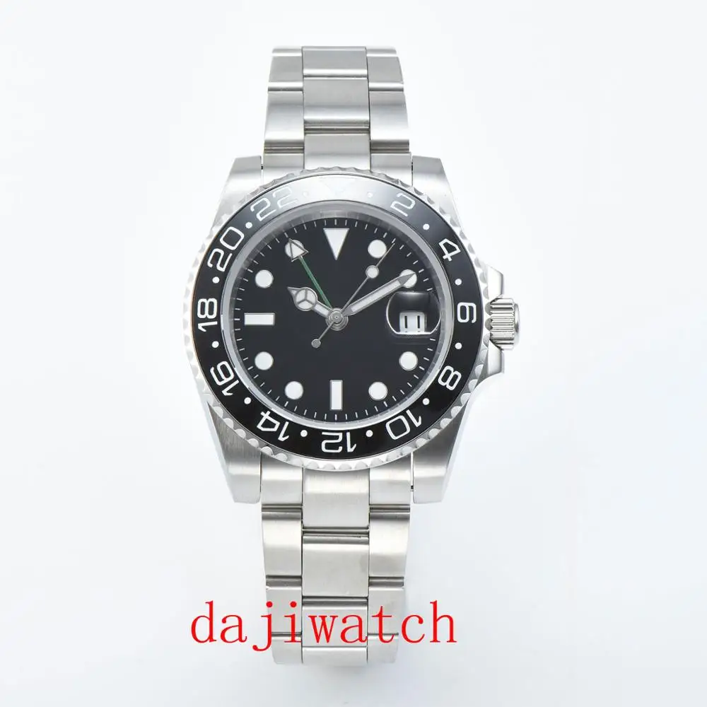 40 мм PARNIS preto dial luminosa safira moldura de cerâmica GMT relógio dos homens automaticos de Luxo Da Marca Top relógio Mecân