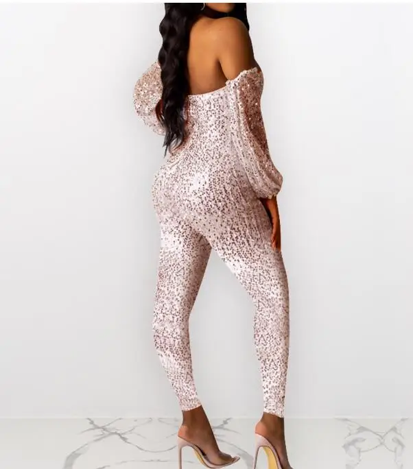 Autumn Women's Fashion Sequins with Long Sleeve One-Shoulder Long Nightclub Party Jumpsuit Rompers Women Jumpsuit