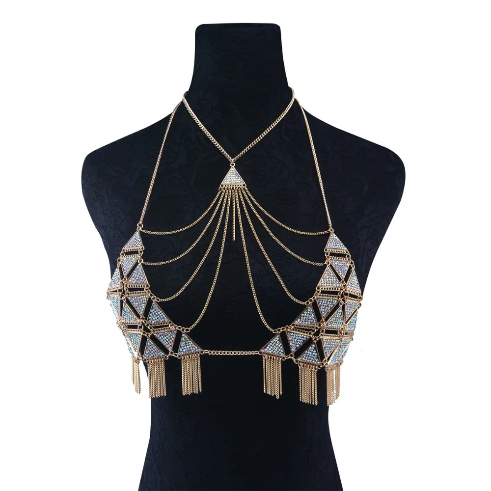 Boho модные роскошные стразы треугольные аксессуары цепочка с кисточками Жгут Бюстгальтер цепь для женщин ювелирные изделия сексуальное бикини металлическая цепочка на тело