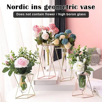 

Gelible Geometric Glass Flower Vase with Metal Holder Transparent Planter Flowers Vase Decor Home Office Wedding Party U