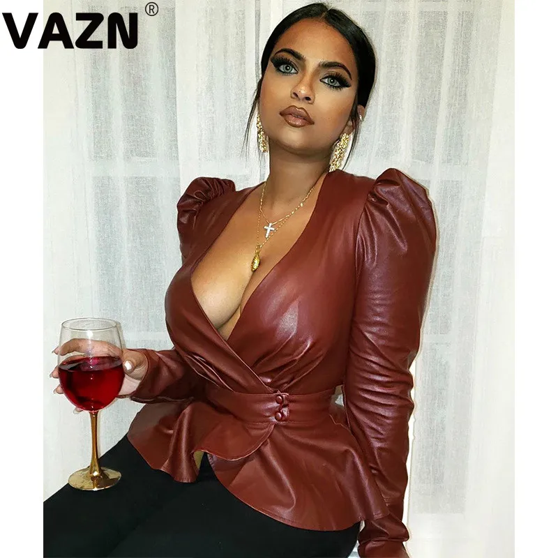VAZN, хит, кожаные футболки для взрослых, сексуальные, Клубные, одноцветные, с глубоким v-образным вырезом, полный рукав, высокая талия, дикие Джокеры, женские, тонкие, обычные футболки