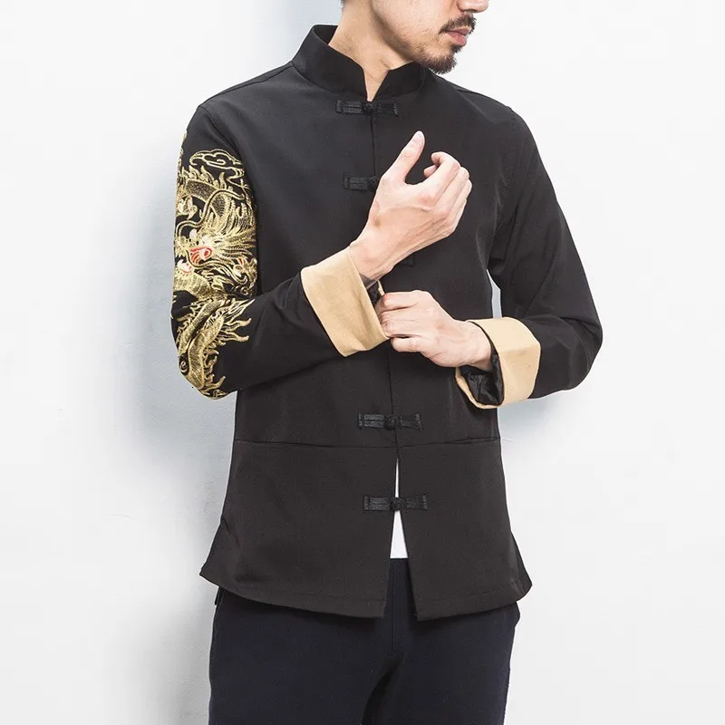 

Chinese Vintage Mens Buttons Stand Collar Jacket Retro Dragon Embroidery Slim Fit Coat Plus Size 5XL Male Jacket Outerwear Coats