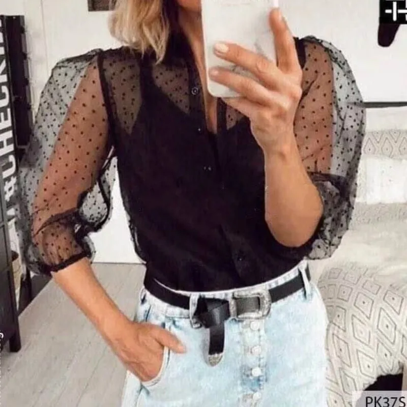 Black button Женские сетчатые прозрачные сексуальные блузки в горошек с длинным рукавом, топ с вырезами, летняя мода - Цвет: Black button