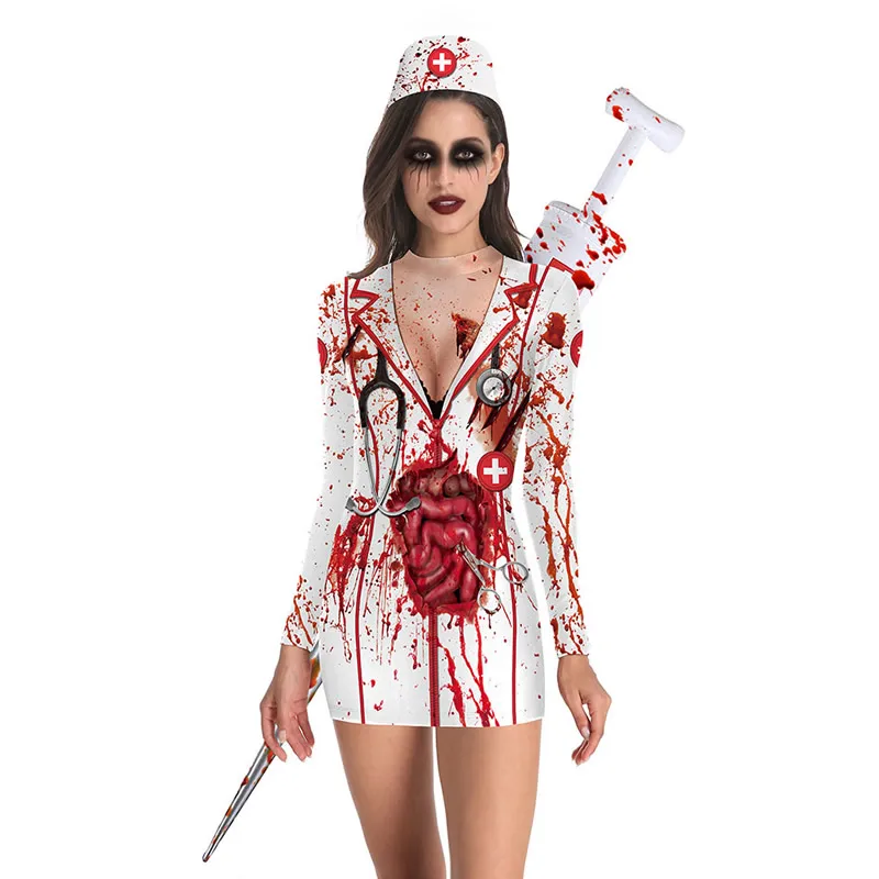 Костюмы медсестры крови, Сексуальное мини платье зомби, халат вампира, газовые драпированные пояса, косплей, тыква, ужасы, аксессуары для празднования Хеллоуина