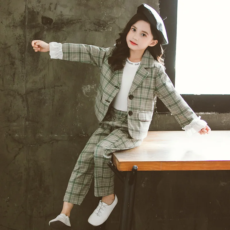 Clothes For Girls Plaid Blazer& Pants Suit For Girls Party Turn Down Collar Girls Sets Autumn Fashion Kid Clothing For Girls
