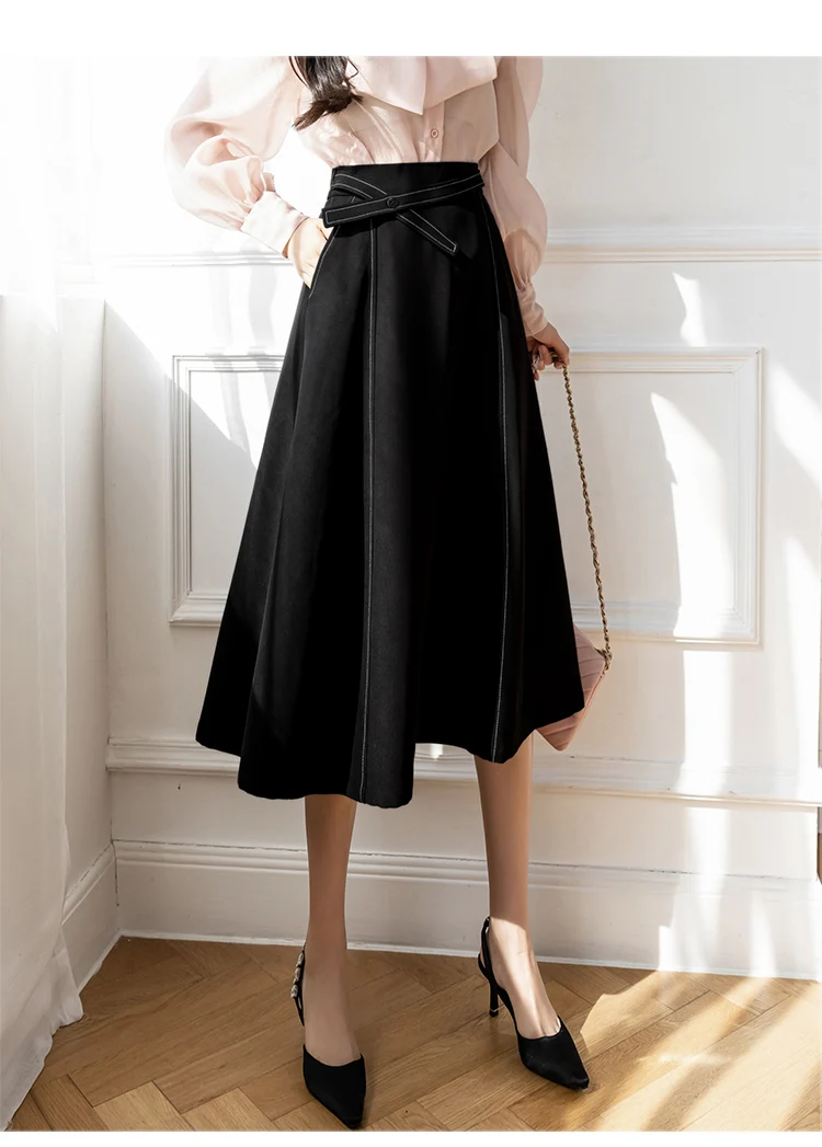 קוריאני סגנון מקרית נשים אונליין חצאית 2022 אביב אלגנטי אופנה משרד רשמי ללבוש גדול Swing ארוך חצאית נקבה