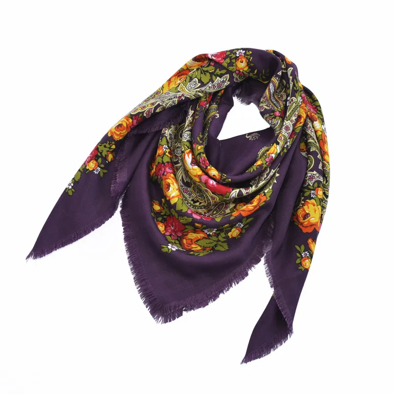 Purple Russian Shawl Ukrainian Handkerchief Headscarf Church Babushka Paisley Autumn Winter Hair Head Wrap National Square Cotton Hijab - Цвет: Purple