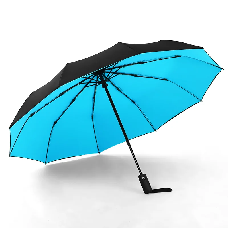 Женский 10K двухслойный ветрозащитный полностью автоматический зонтик мужской женский мужской тройной складной коммерческий большой прочный каркас зонтик - Цвет: Небесно-голубой