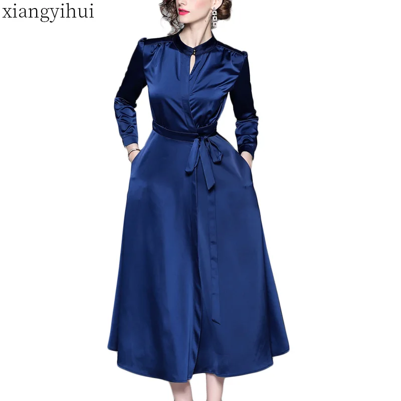 

Satin Vintage Office Dress Ladies Autumn O Neck Long Sleeve Sashes Long Dresses with Double Pocket Autumn Winter Casual Wear