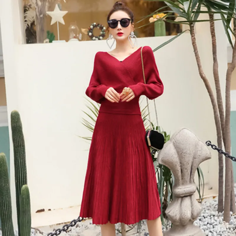 

Elegant Sexy V-neck Backless Shinny Pullover Jumper Knit Tops + Elastic Waist A-line Skirt 2 Piece Set Women Fall Sweater Suit