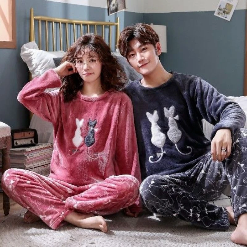 Cartoon Couples Pyjamas Women Men Sleepwear Pijamas Winter Flannel Fleece Warm Pajamas Set Homewear for Girls Nightwear cotton pajamas for men