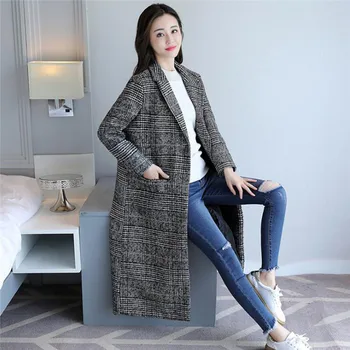 

2020 Spring Autumn Women's Wool Plaid Coat New Fashion Long Woolen Coat Slim Type Female Winter Wool Jackets Female Outwear