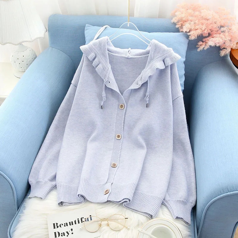 

sweet knitted women sweater and cardigan preppy style hooded all match ruffles lantern sleeved solid loose coat tops