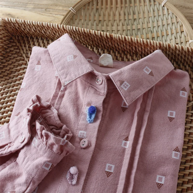 Хлопковая рубашка-карандаш с длинными рукавами и принтом в виде мультяшного дома на пуговицах, Женская винтажная блузка