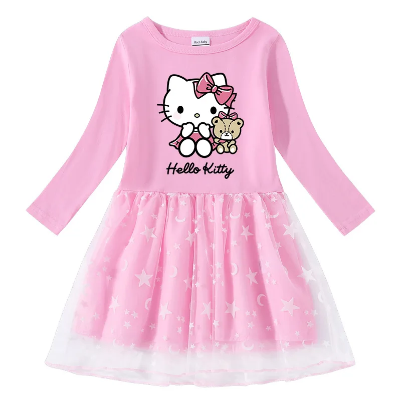 thumbnail image 1 of Hello Kitty Girl vestido dulce de algodón primavera y otoño nueva falda de princesa de manga larga con estampado de dibujos animados para niños estrella Luna red hilo, 1 of 5