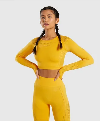 yellow Zhangyunuo бесшовный топ для йоги с длинным рукавом для спортзала, для бега, фитнеса, йоги, укороченный топ, компрессионная Спортивная футболка, майка для тренировок - Цвет: yellow